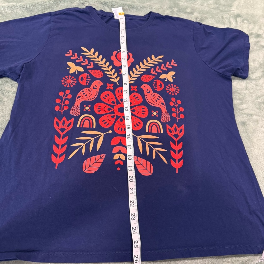 Port & Company Women’s XXL Blue Folk Art Birds Floral Graphic T Shirt - Picture 6 of 8